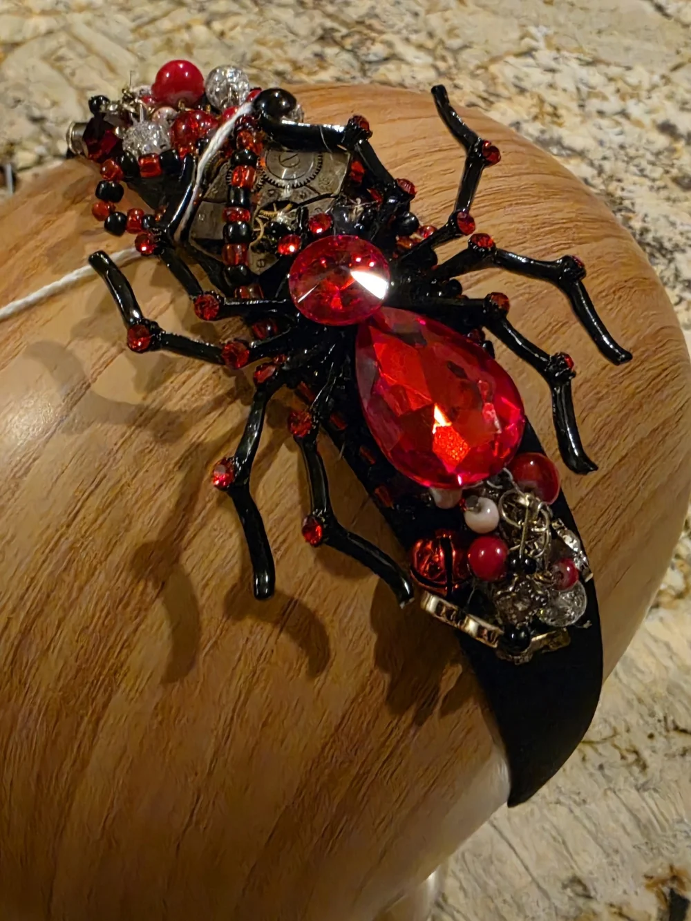 Black Headband with Red Spider, Beaded Embellishment